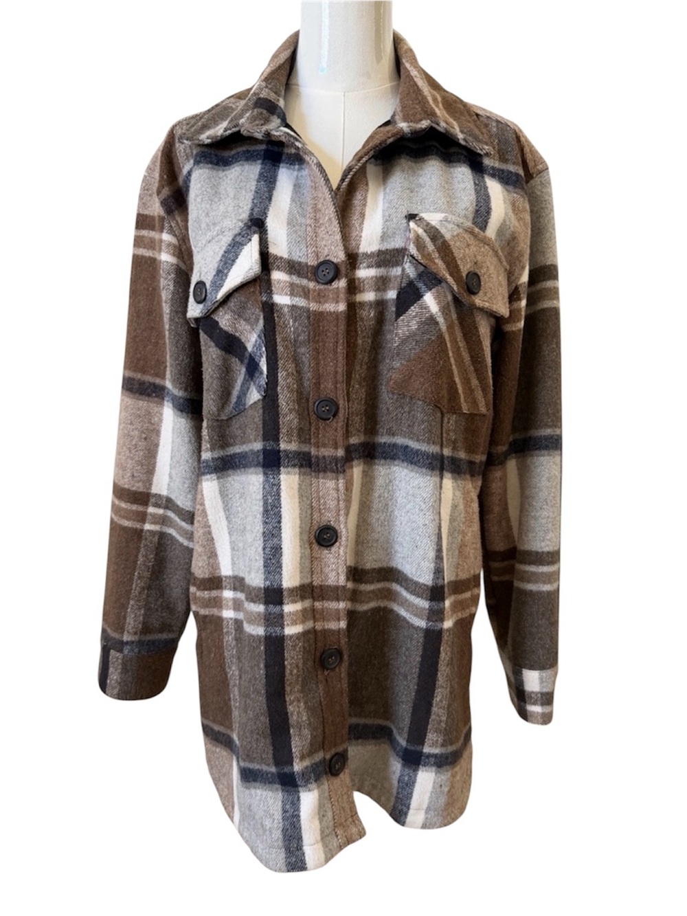 Brown Plaid Button-Front Shacket - Casual Women’s Jacket